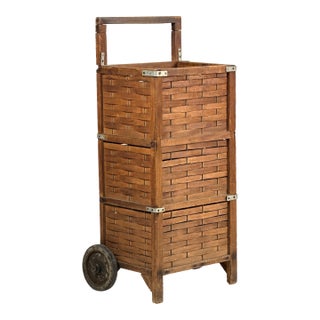 Antique 1910s Woven Splint Wood Rolling Cart Utility Basket / Wheeled Shopping Trolley For Sale