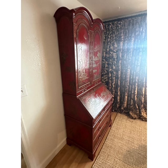 Vintage Red Chinoiserie Secretary Desk With Hand-Painted Gilt Asian Landscapes & Double Bonnet Top For Sale - Image 14 of 15