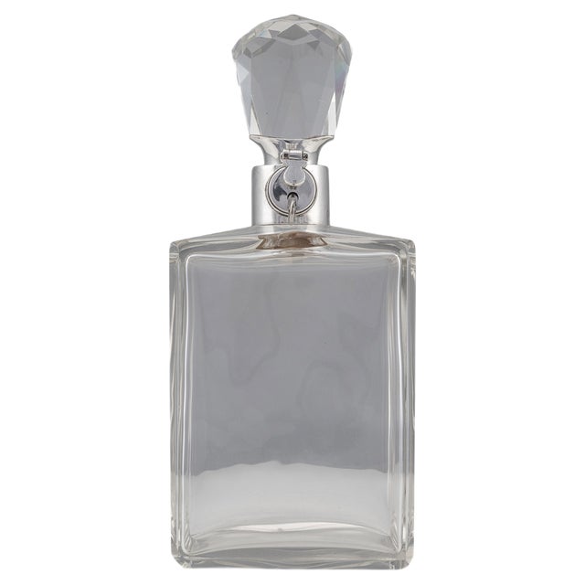 20th Century English Solid Silver & Glass Spirit Decanter with Lock & Key, 1920s For Sale