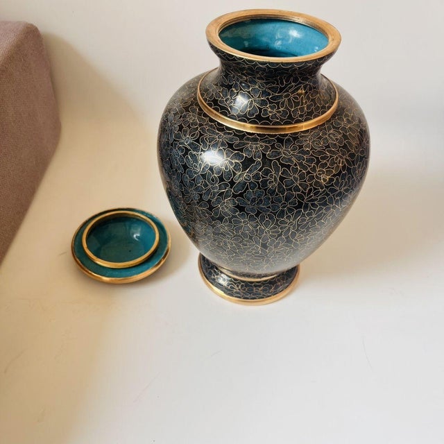 Vintage Cloisonné Enamel Black & Gold Floral Lidded Jar / Tea Caddy With Gilt For Sale - Image 4 of 8