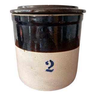 Antique Two-Tone Stoneware 2-Gallon Crock With Original Matching Lid – Cobalt "2" Salt Glaze Storage Jar For Sale