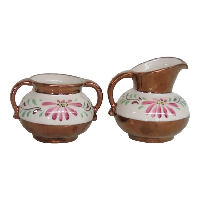 Copper Luster Pink Daisy Flower Hand Painted Creamer and Sugar Bowl Set For Sale