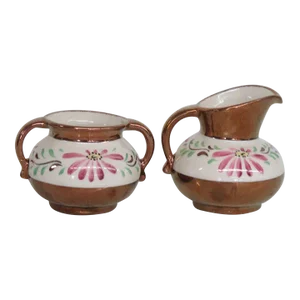 Copper Luster Pink Daisy Flower Hand Painted Creamer and Sugar Bowl Set