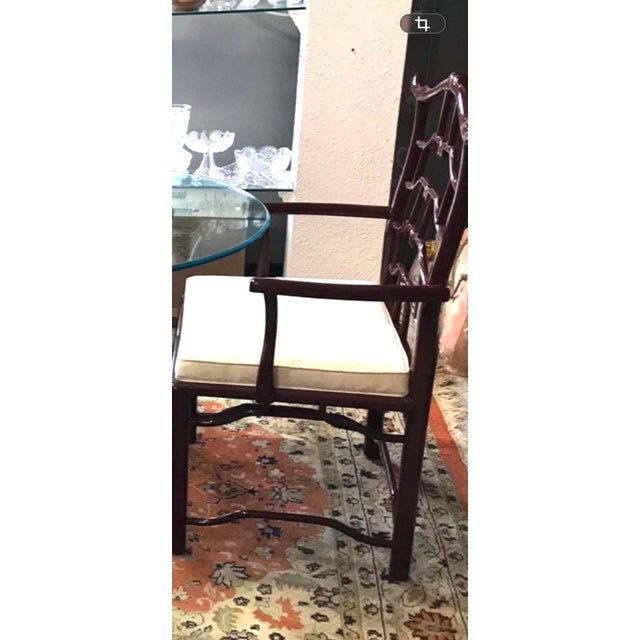 1980s Vintage Century Furniture Chinoiserie Dining Chairs – Set of 6 (4 Side, 2 Armchairs) – Burgundy Lacquer For Sale - Image 5 of 12