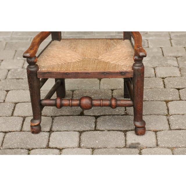 English 1780s Oak William and Mary Style Open Arm Youth Chair with Rush Seat For Sale - Image 10 of 11