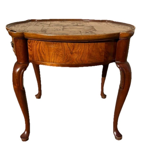 French Country 1980 Vintage Hekman Round Table With Drawer French Style Burl Mahogany For Sale - Image 3 of 12