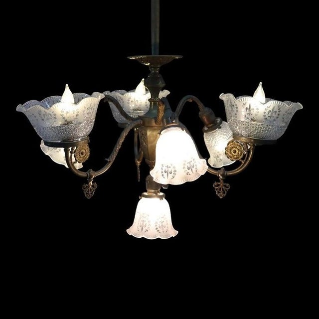 Brass Electric & Gas 7-Light Chandelier & Diamond Cut Ruffled Glass Shades C1890 For Sale - Image 11 of 13