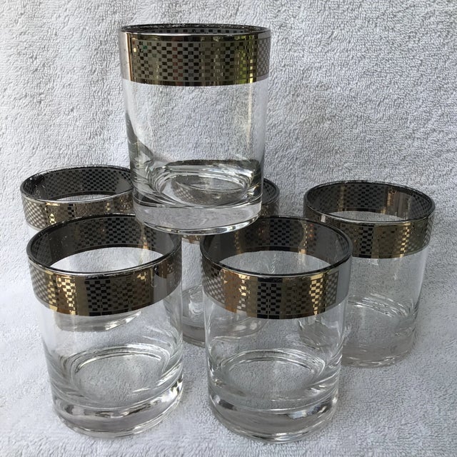 Mid-Century Modern Platinum Banded Rim Checkerboard Geometric Pattern Lowball Glasses-Set of 6 For Sale - Image 13 of 13