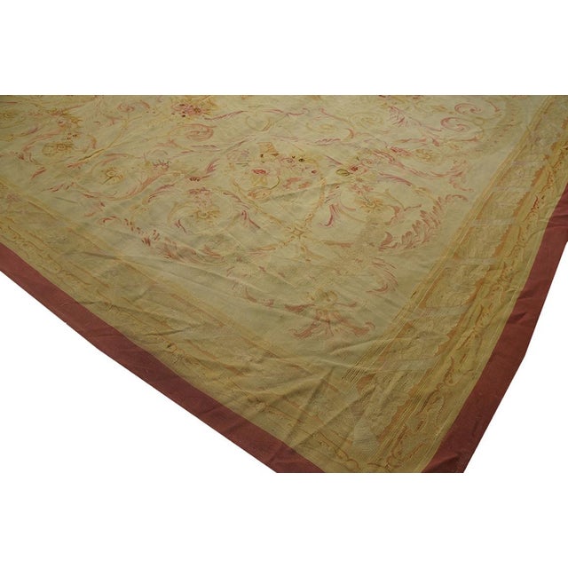 1870s Beige Floral Medallion Antique French Aubusson Rug 13'6" X 14'9" Flatweave Wool Carpet For Sale In New York - Image 6 of 8