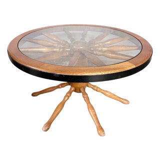 Vintage Ship Wheel Table in Elm and Oak with Glass Top For Sale