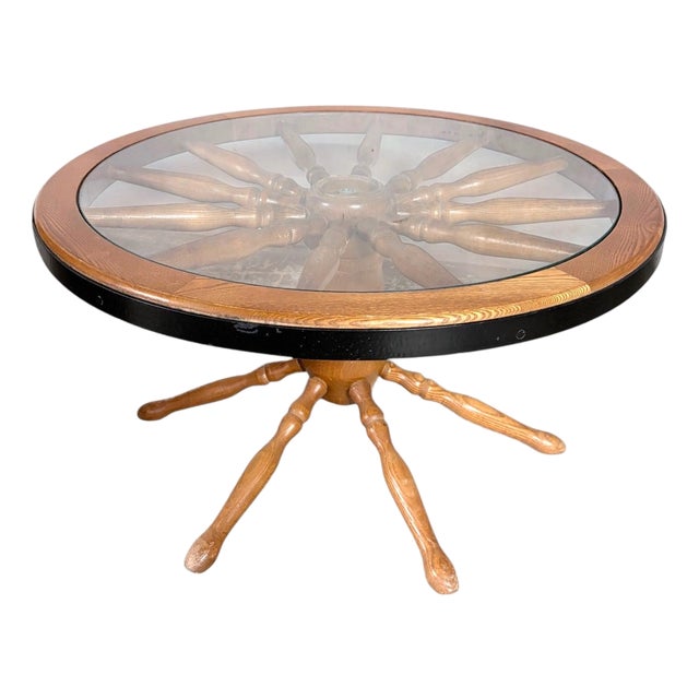 Vintage Ship Wheel Table in Elm and Oak with Glass Top For Sale