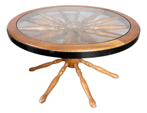 Vintage Ship Wheel Table in Elm and Oak with Glass Top