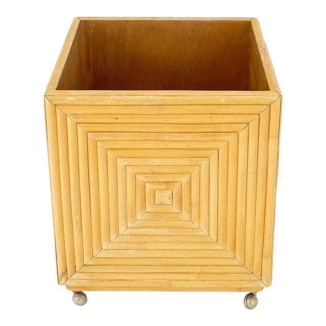 Mid-Century Modern Reed Bamboo Rattan Square Cube Shape Planter Stand on Wheels For Sale