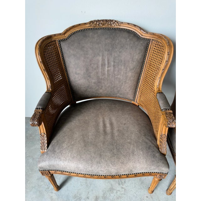 Vintage Century Furniture Louis XVI–Style Double Cane and Leather Club Chairs – A Pair For Sale - Image 9 of 12