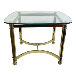 Hollywood Regency Style Square Brass Finish Accent Table With Glass Top