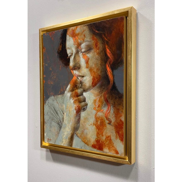 Figurative In and of a Clown World by Dana Hawk | Oil on panel Portrait of a woman with orange hair and textured skin. For Sale - Image 3 of 3