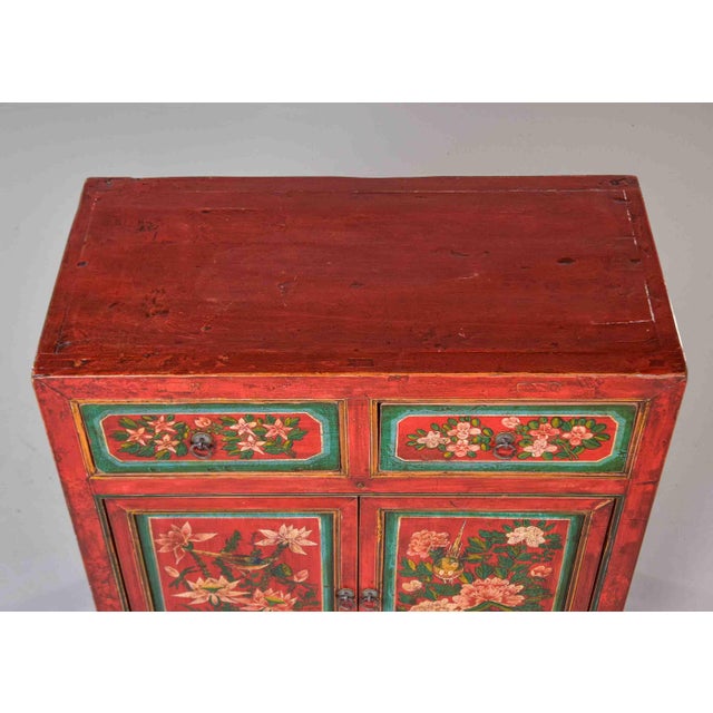 Pair of 19th Century Chinese Gansu Red-Painted Cabinets With Polychrome Floral Decoration For Sale - Image 11 of 13