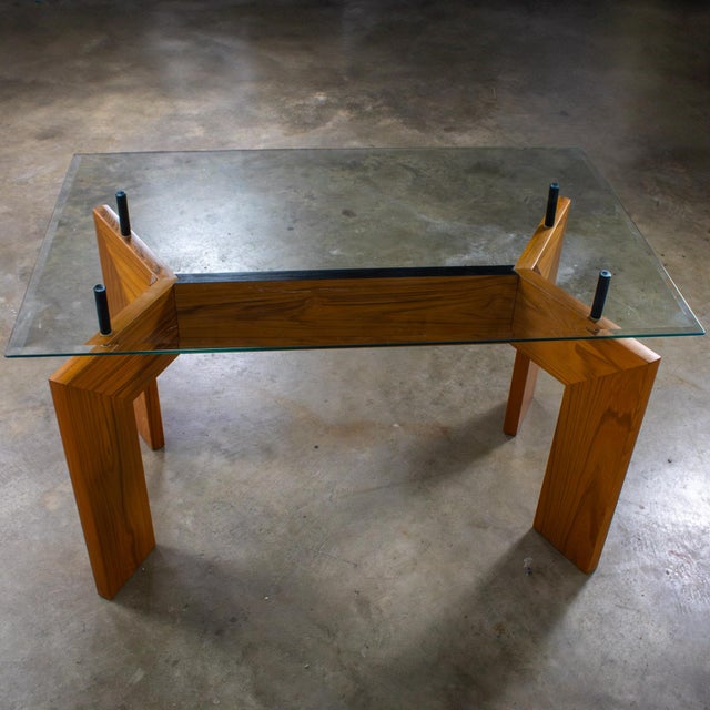 Brown Mid to Late 20th Century Modern to Scandinavian Modern Dining Table Teak Slab Base & Rectangular Beveled Glass Top For Sale - Image 8 of 18