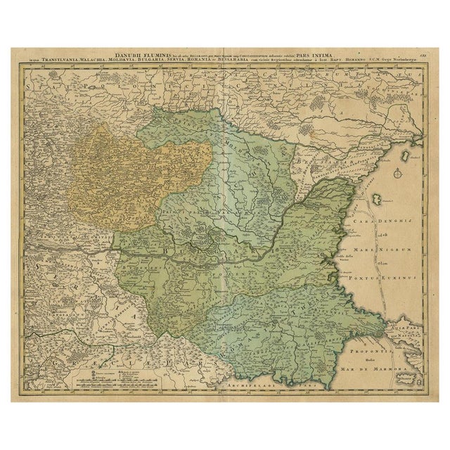Antique map titled 'Danubii Fluminis (\.)'. Regional map of the Donau river, Shows the Danube river from Belgrade in...