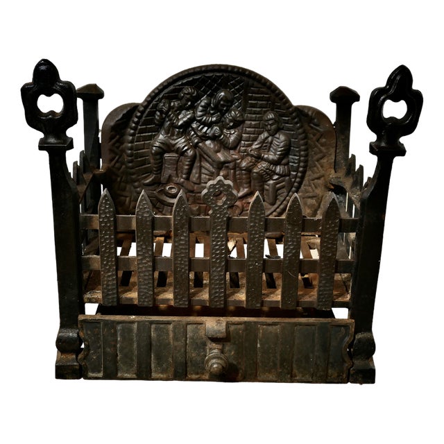 Gothic Style Free-Standing Fire Basket with Decorative Back and Ash Pan, 1890s, Set of 2 For Sale
