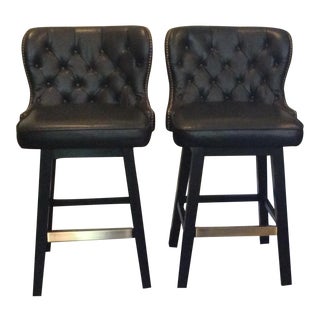 Traditional Pottery Barn Swivel Tufted Leather Bar Stools - a Pair For Sale