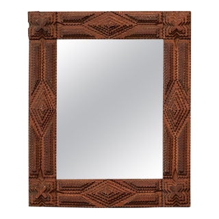 French 1900s Hand Carved Tramp Art Mirror with Raised Diamond Motifs For Sale