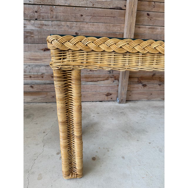 Late 20th Century Vintage Handwoven Braided Rattan Console Table Glass Insert For Sale - Image 5 of 12