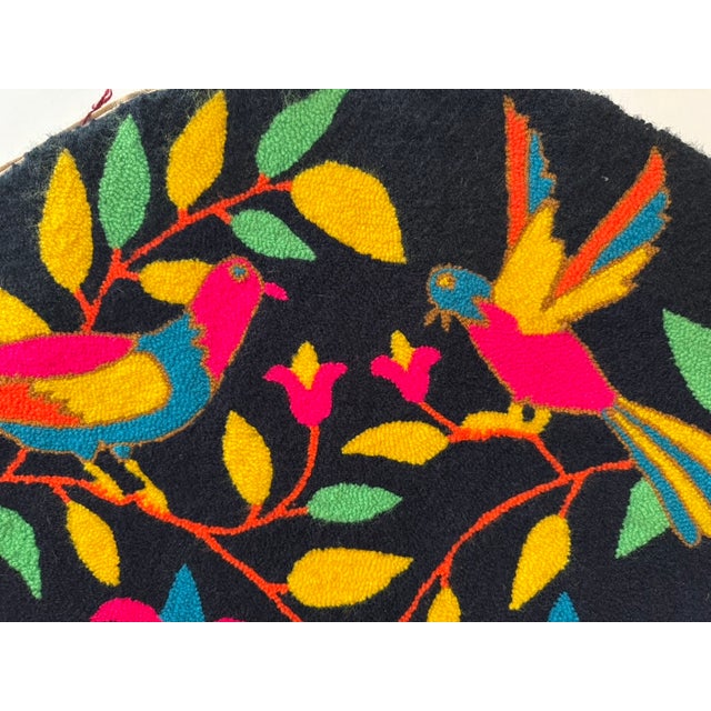 1980s Vintage Round Hooked Textile Wall Hanging, 31” Folk Art Birds and Floral Motif For Sale - Image 5 of 8