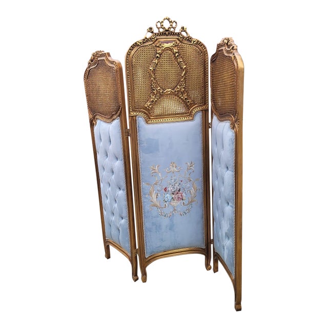 Vintage French Louis XV Style Three-Panel Screen in Gold Leaf Room Divider For Sale