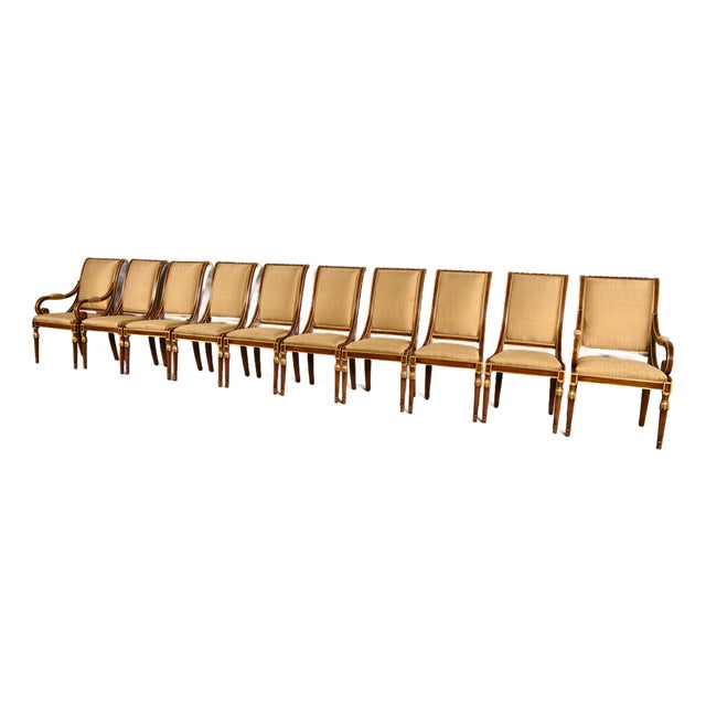 Karges French Regency Louis XVI Carved Walnut and Gold Gilt Dining Chairs | Set of Ten For Sale