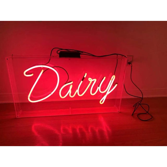 Plastic Vintage Pink Neon Dairy Sign in Hanging Lucite Box For Sale - Image 7 of 13