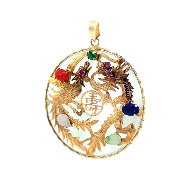 Vintage 14k Gold Chinese Dragon & Phoenix Multi-Stone Pendant For Sale - Image 4 of 8