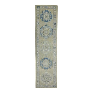 Early 21st Century Green & Blue Geometric Design Handwoven Wool Turkish Oushak Rug 3'1" X 11'9" For Sale