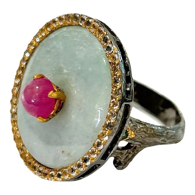 Bochic “Orient” Jade & Multi Gem Ring Set in 18k Gold & Silver Size 4 For Sale