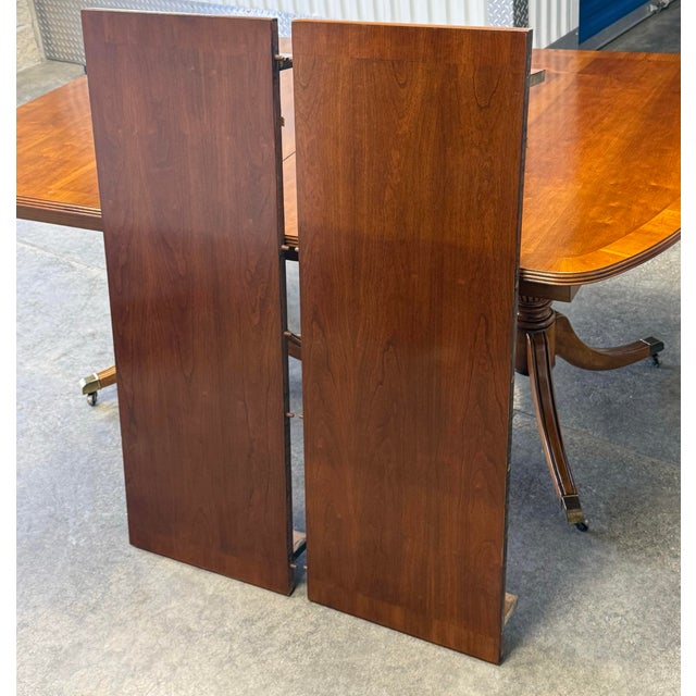 Vintage Stanley Furniture American Craftsman Cherry Banded Double Pedestal Regency Dining Table For Sale - Image 11 of 12
