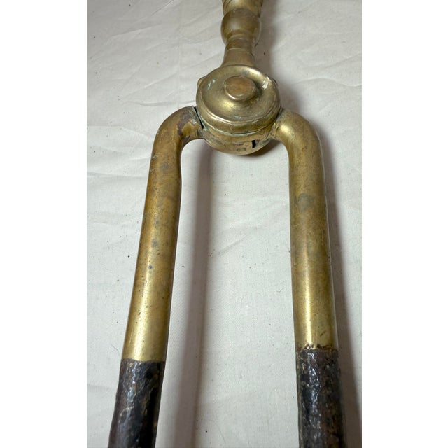 Brass Antique 18th Century Wrought Iron Turned Brass English Fireplace Tongs Tool 1 For Sale - Image 8 of 9