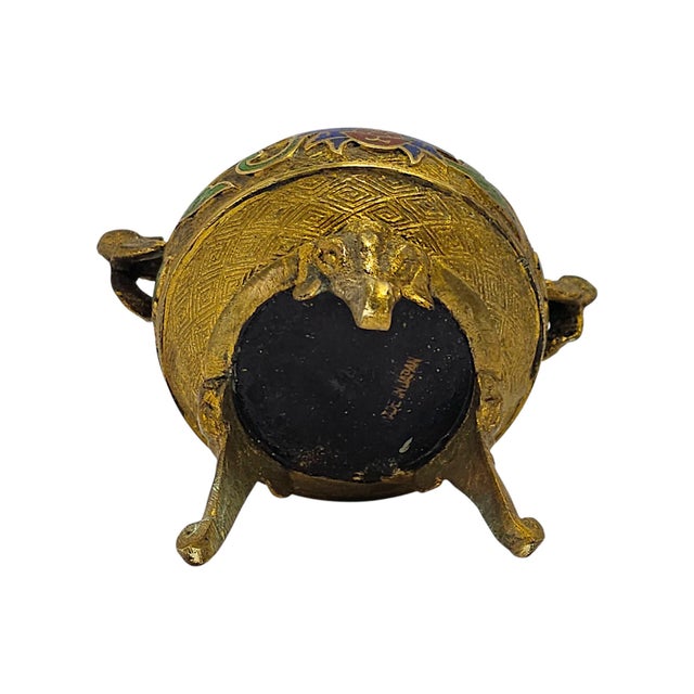 Bronze Mid-Century Japanese Champlevé Enamel Tripod Censer With Guardian Lion Finial For Sale - Image 8 of 12