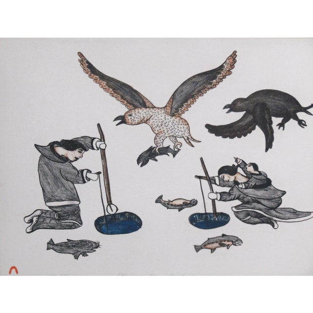 Folk Art Cape Dorset “Ice Fishing” Inuit Lithograph by Sorosiluto Ashoona, 1976 (43/50), Framed For Sale - Image 3 of 12