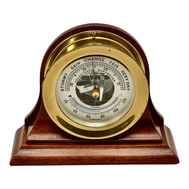 Fine Vintage Mid 20th Century Brass & Mahogany Ships Barometer & Thermometer by Esteemed Boston Maker "Chelsea" For Sale