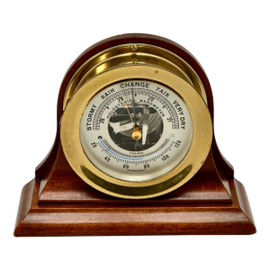 Fine Vintage Mid 20th Century Brass & Mahogany Ships Barometer & Thermometer by Esteemed Boston Maker "Chelsea"