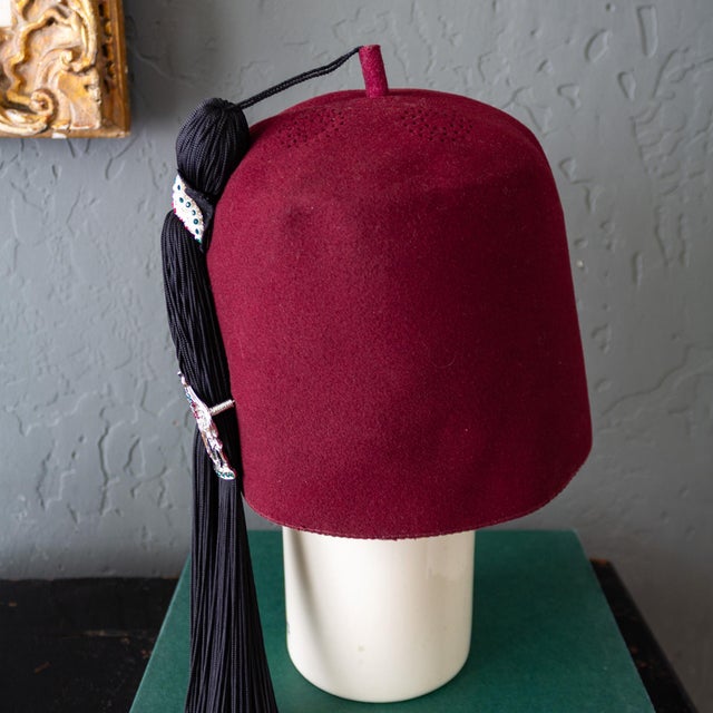 Masonic Shriner Hillah Fez of Burgundy Wool Sequins and Tassel For Sale - Image 11 of 18