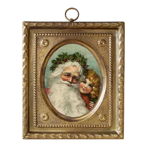 Santa With Little Girl Print in Embossed Brass Frame- Antique Vintage Style