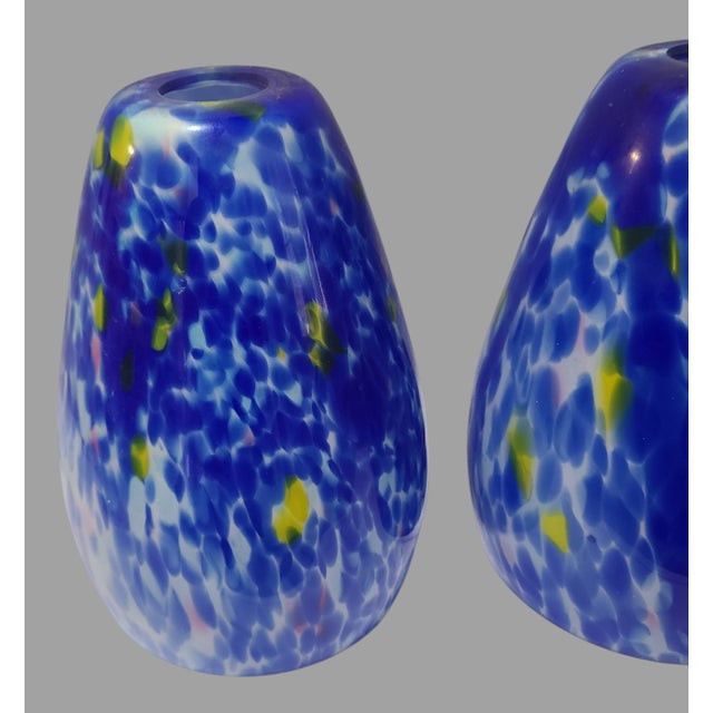Late 20th Century Pair of Vintage Venetian Art Splatter Cased Glass Blue Pendant Shades For Sale - Image 5 of 7