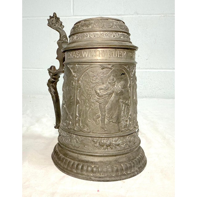 Antique Ornate 1900 Figural German Pewter Lidded Engraved Relief Beer Stein Mug For Sale - Image 12 of 15