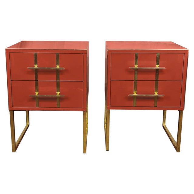 Terracotta Coloured Murano Glass Bedside Tables with Brass and Velvet Interior from Justfurnituress SRL, Set of 2 For Sale - Image 6 of 6