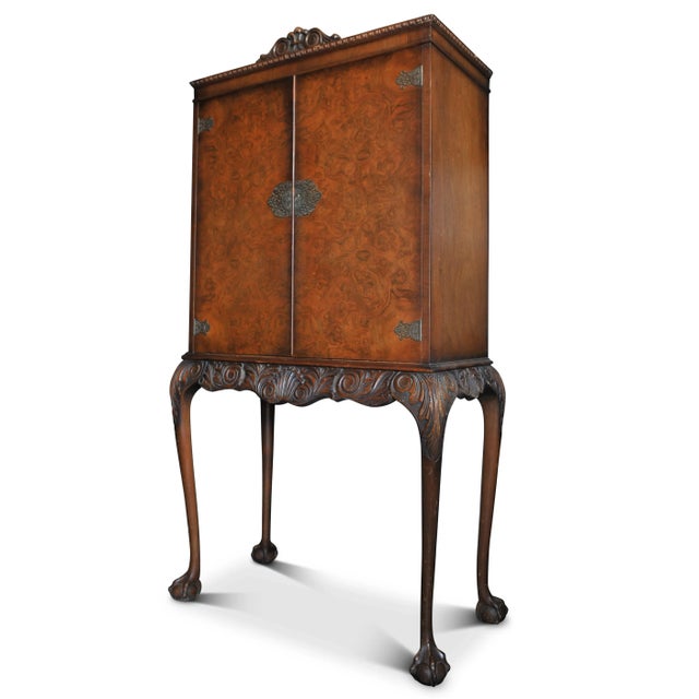 20th Century Queen Anne Revival Walnut Cocktail Cabinet With Fitted Brass Finishings & Carved Pediments Raised & Supported...