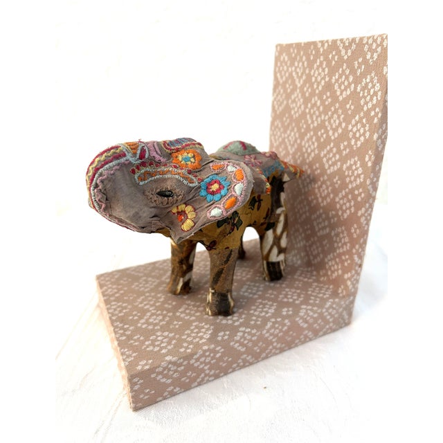 Indian Patchwork Cloth Covered Elephant & Bovine Bookends, a Pair For Sale - Image 3 of 7