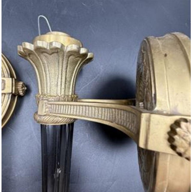 Brass Mid 20th Century Neoclassical Cast Brass Torch Sconces — a Pair Sculptural French-Inspired Architectural Lighting For Sale - Image 8 of 9
