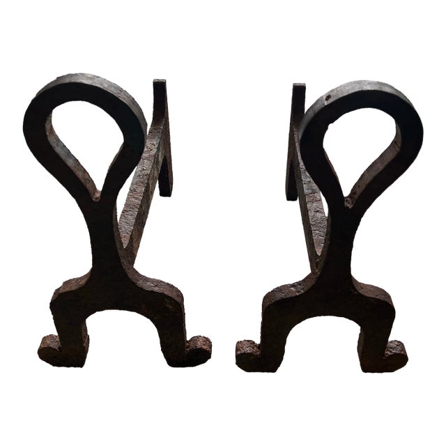 Pair of Vintage Minimalist Metal Andirons For Sale