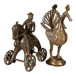 Antique Indian Horse Rider on Wheels & Peacock Bronze Sculpture 20th Century For Sale